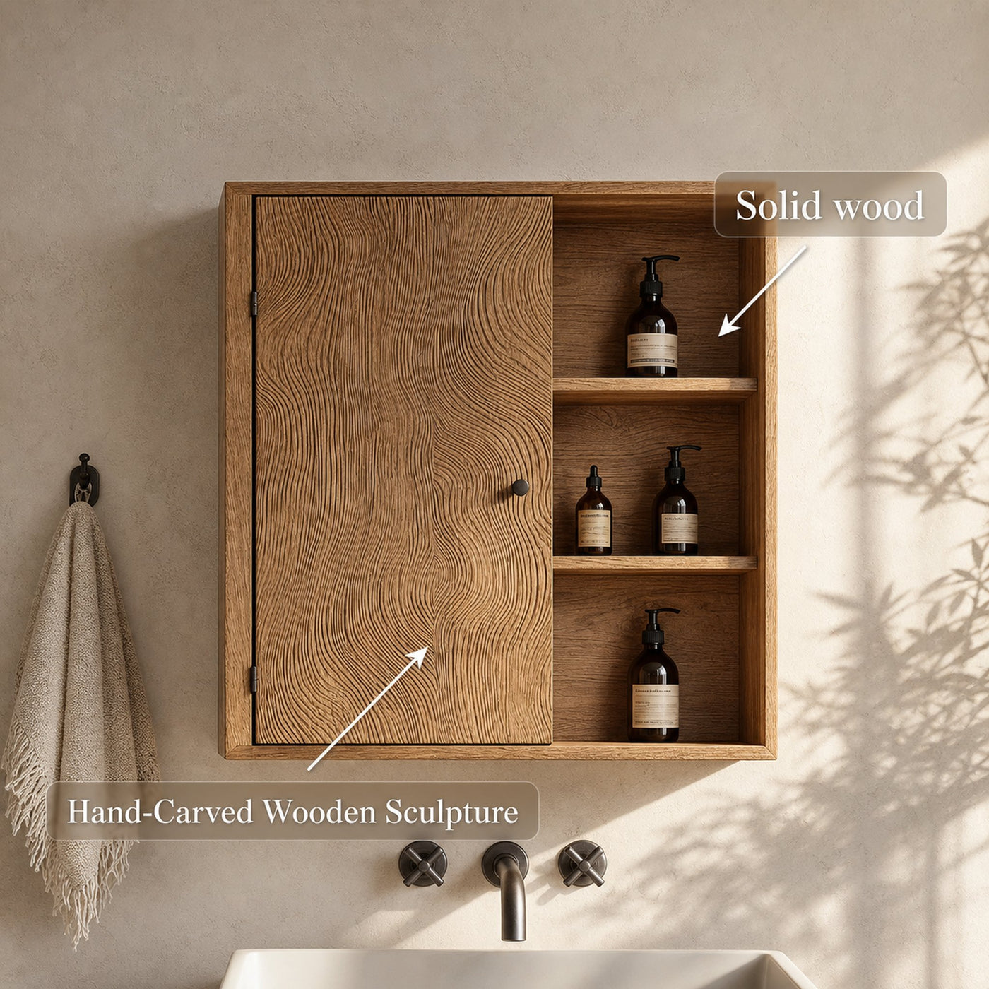 Rustic Sculptural Wall Cabinet For Bathroom Storage And Vanity Area - product view 3