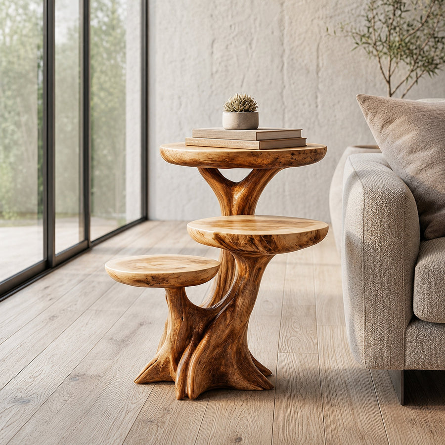 Rustic Tree Root Side Table With Sculptural Solid Wood Design For Living Room And Bedroom