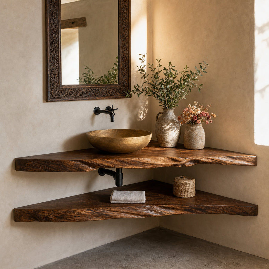 Rustic Wood Corner Bathroom Vanity Shelf