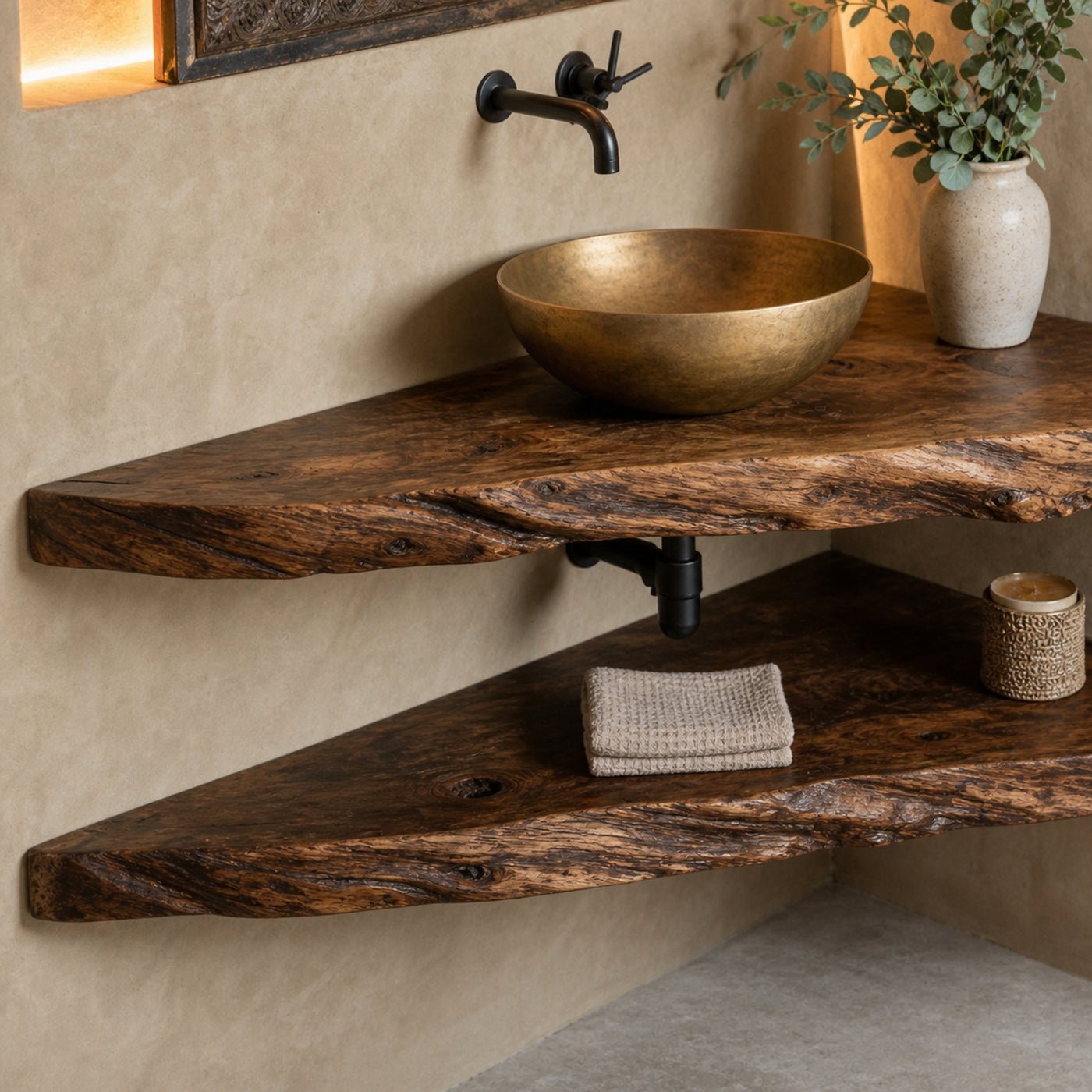 Rustic Wood Corner Bathroom Vanity Shelf - product view 3