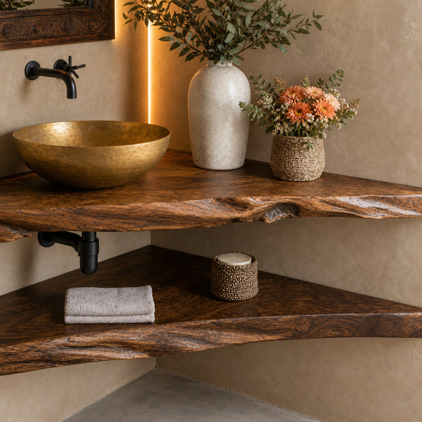 Rustic Wood Corner Bathroom Vanity Shelf - product view 4