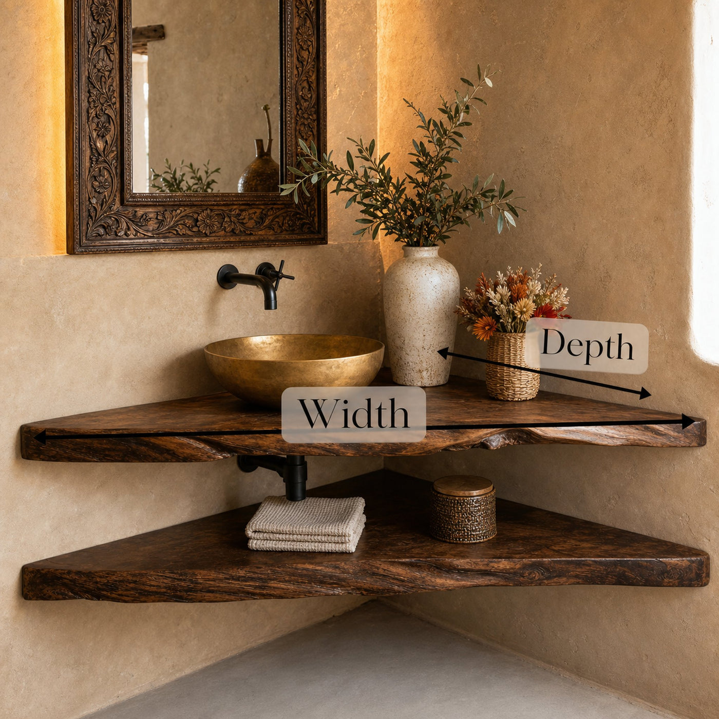 Rustic Wood Corner Bathroom Vanity Shelf - product view 5