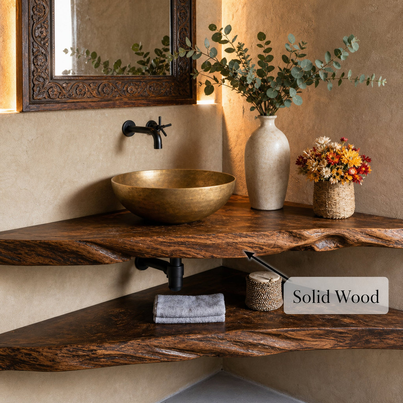Rustic Wood Corner Bathroom Vanity Shelf - product view 6