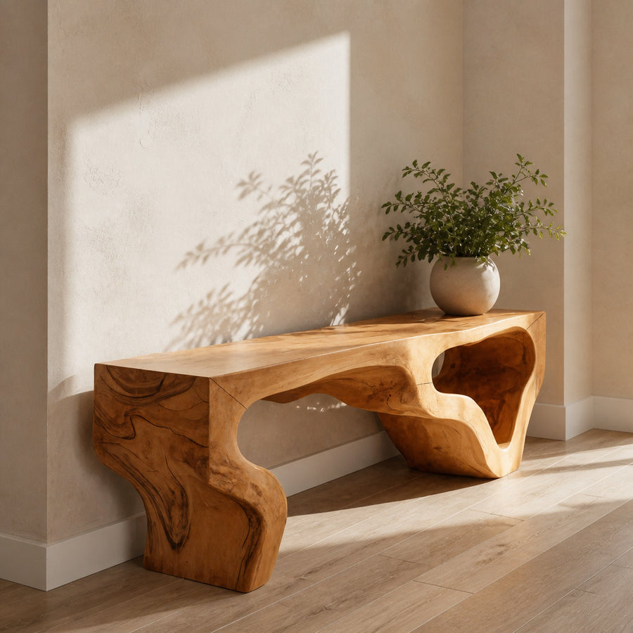 Sculptural Bench With Curved Carved Design For Entryway