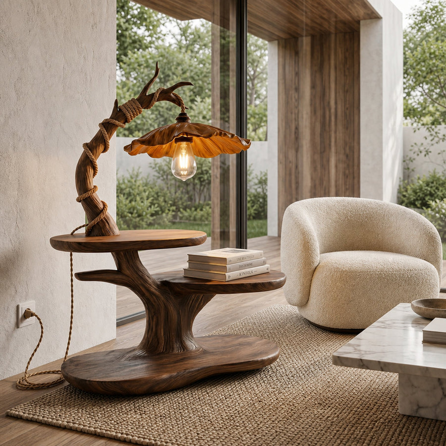 Sculptural Beside Table With Tree Branch Lamp And Open Storage Shelves For Bedroom