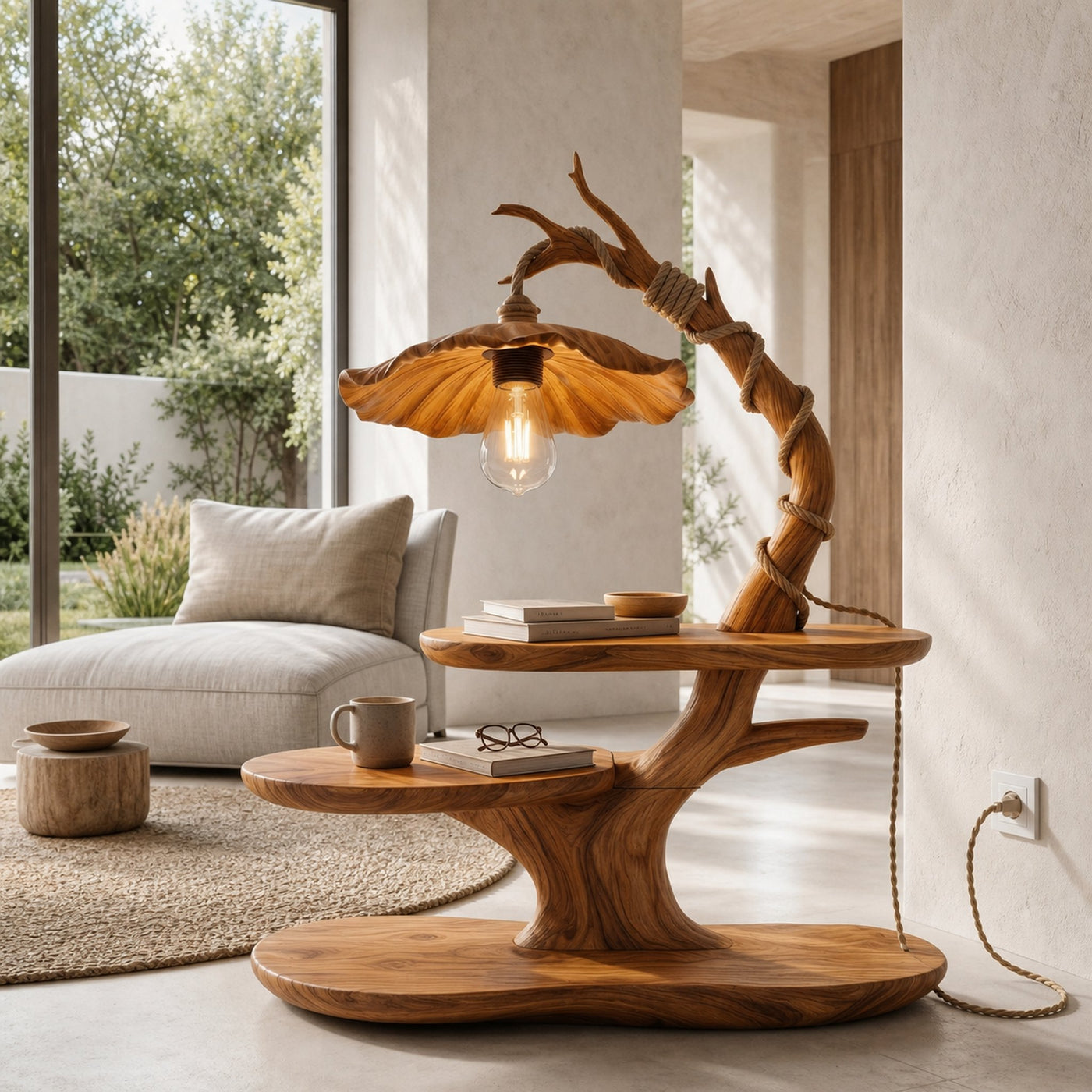 Sculptural Beside Table With Tree Branch Lamp And Open Storage Shelves For Bedroom - product view 6