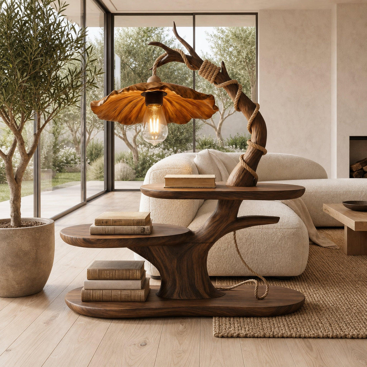 Sculptural Beside Table With Tree Branch Lamp And Open Storage Shelves For Bedroom - product view 7