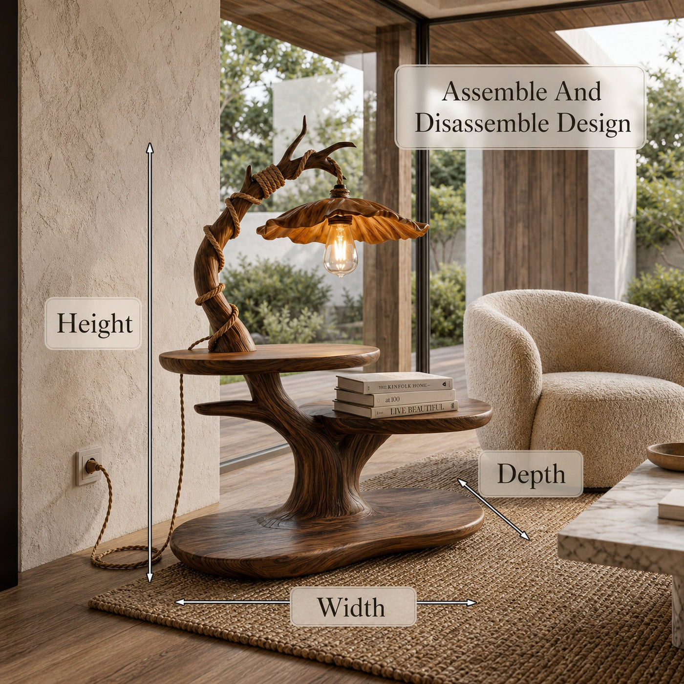 Sculptural Beside Table With Tree Branch Lamp And Open Storage Shelves For Bedroom - product view 8