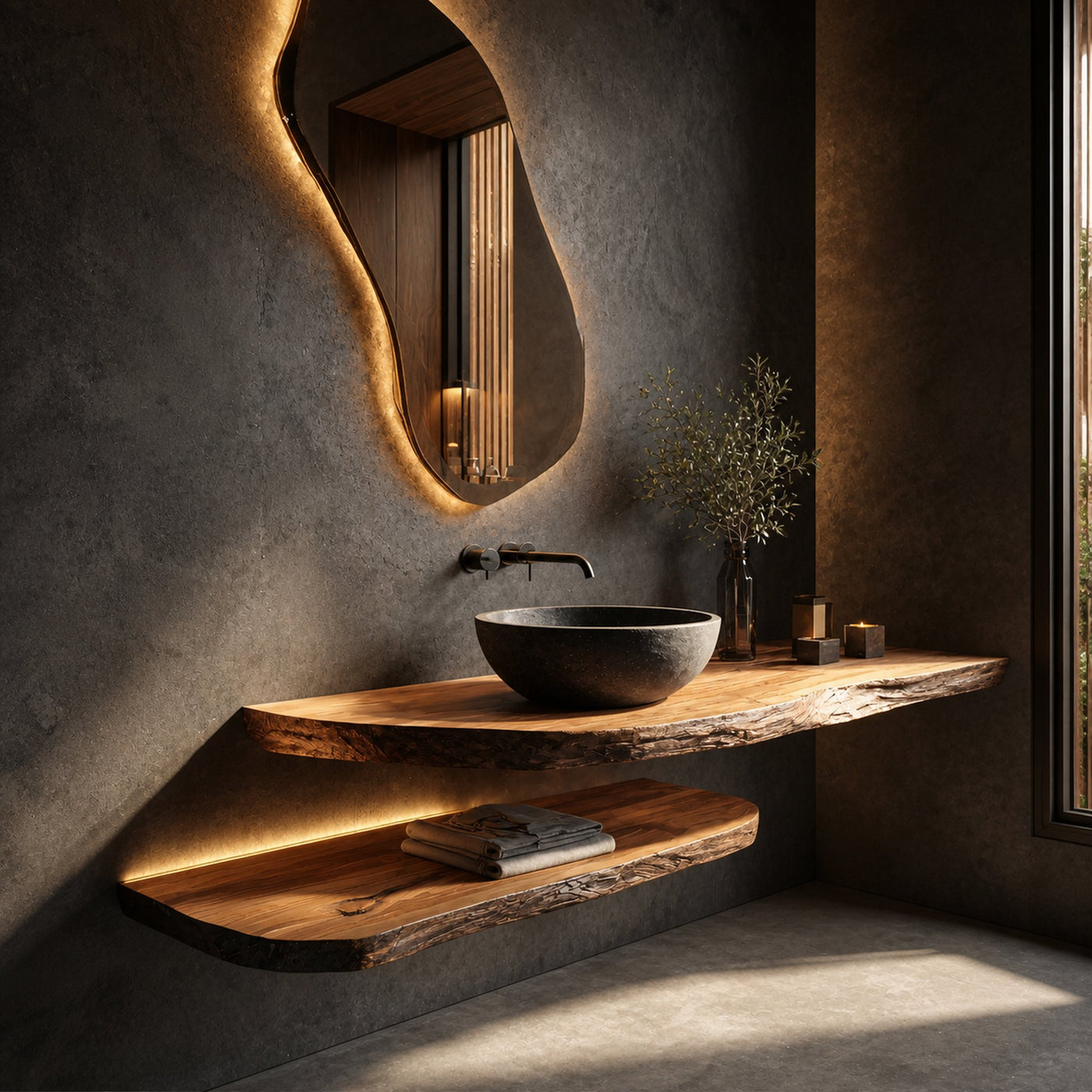 Sculptural Rustic Bathroom Vanity Live Edge Wood Floating Console