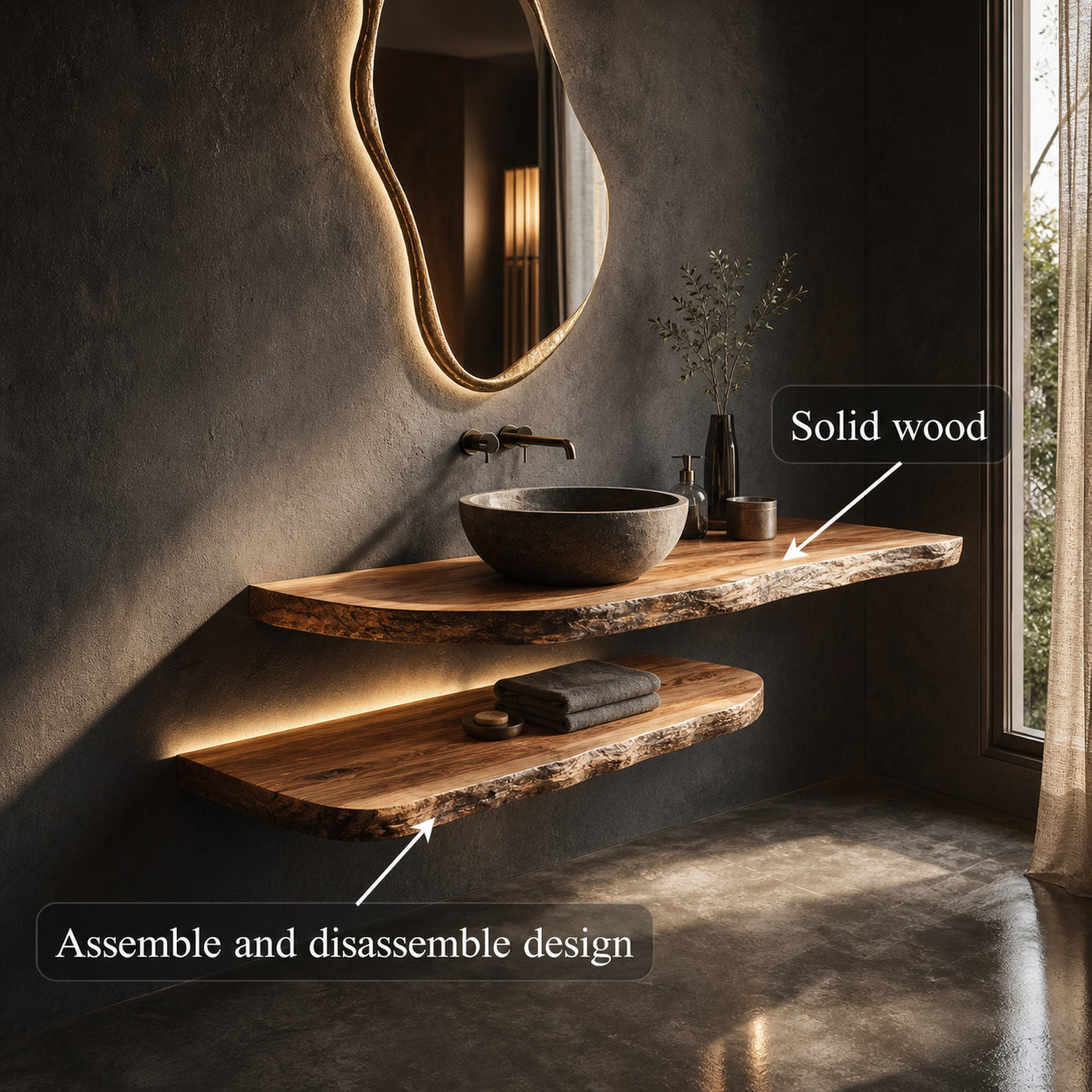 Sculptural Rustic Bathroom Vanity Live Edge Wood Floating Console - product view 4