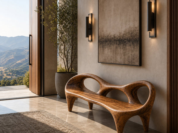 Sculptural Wooden Entryway Bench With Rounded Edges For Entryway