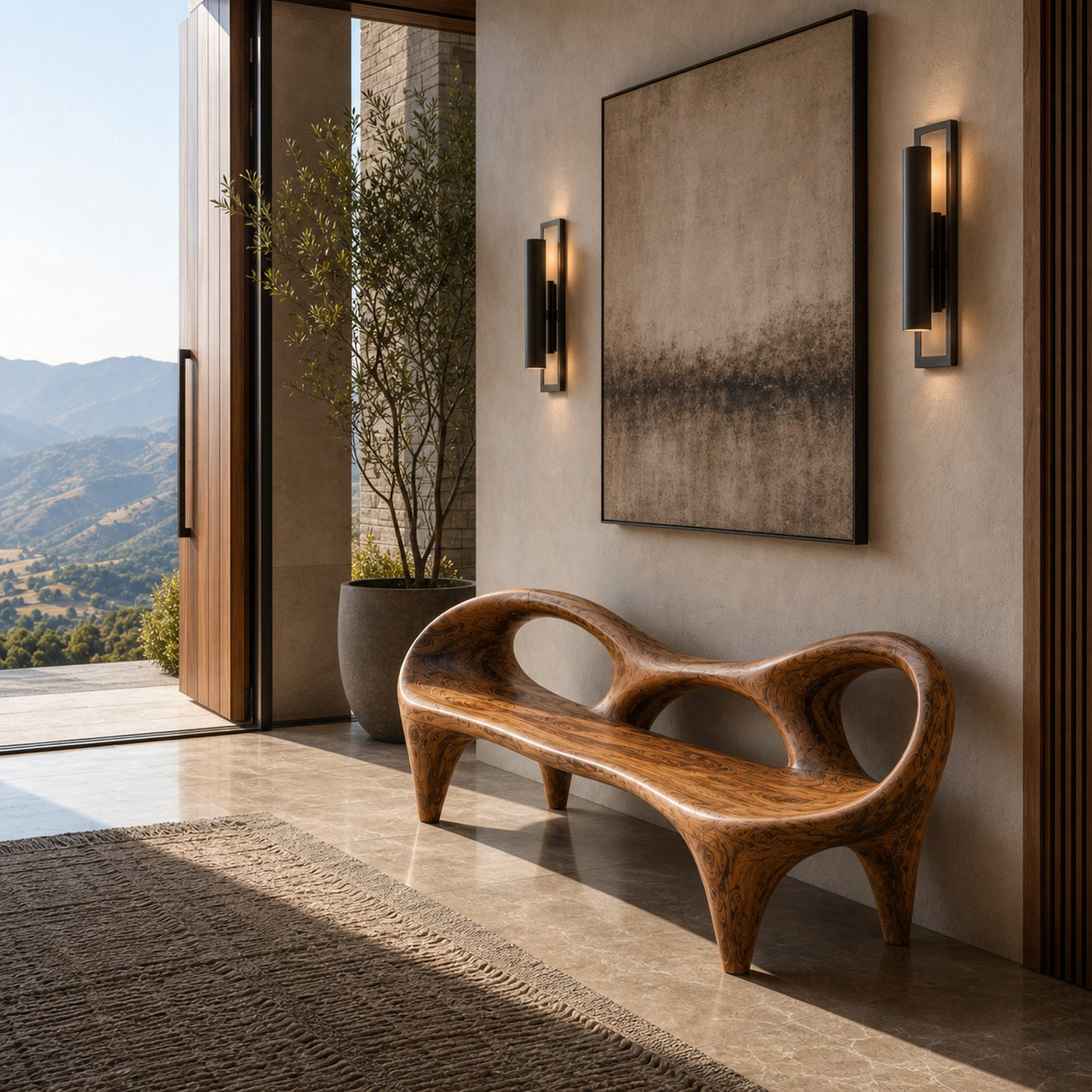Sculptural Wooden Entryway Bench With Rounded Edges For Entryway