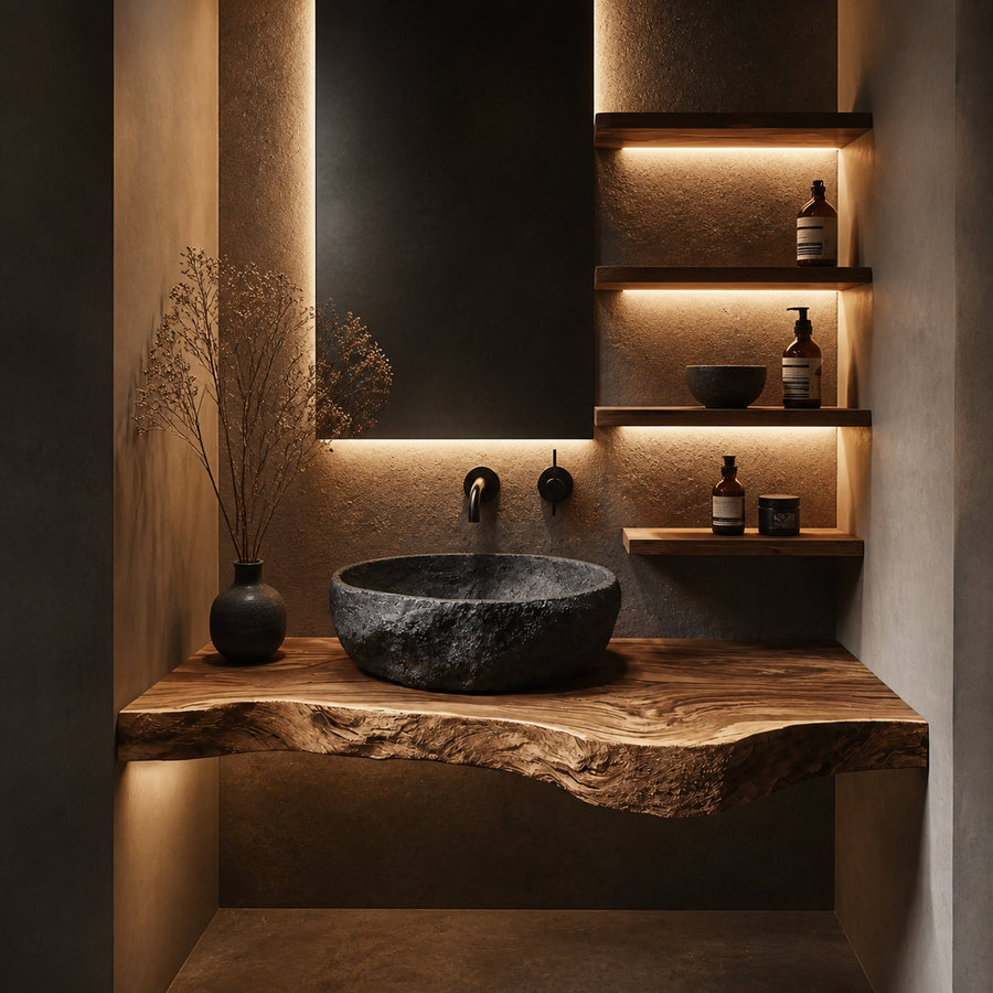 Wabi Sabi Bathroom Vanity Floating Wood Countertop Shelf