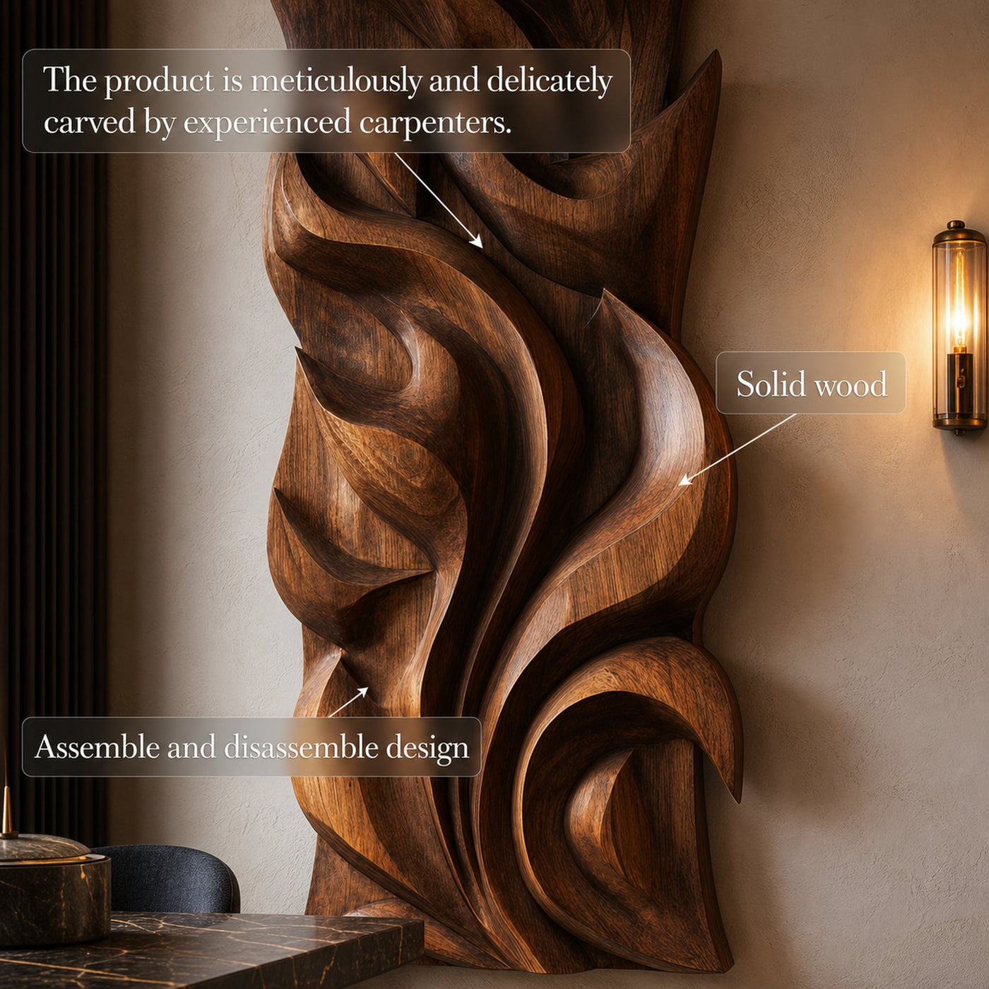 Abstract Carved Solid Wood Wall Art Sculptural Interior Decor - product view 4