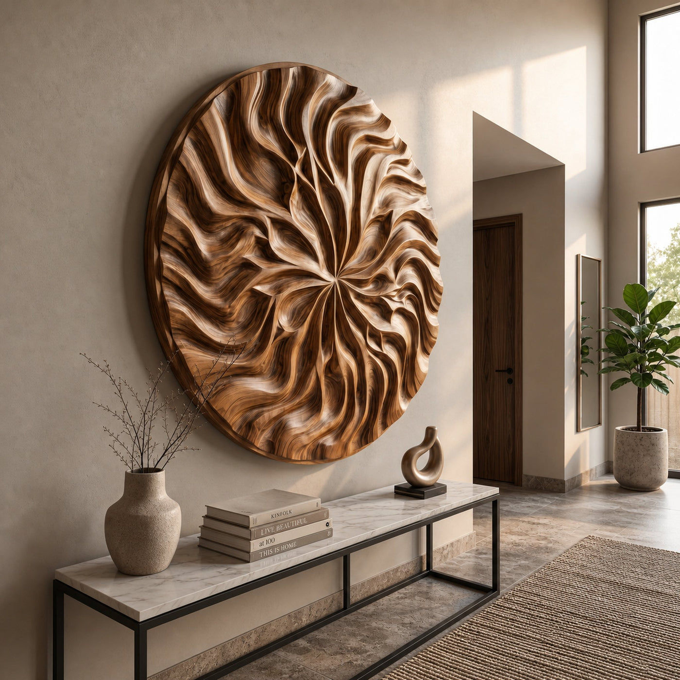Abstract Flow Wood Wall Art Contemporary Neutral Hallway Decor