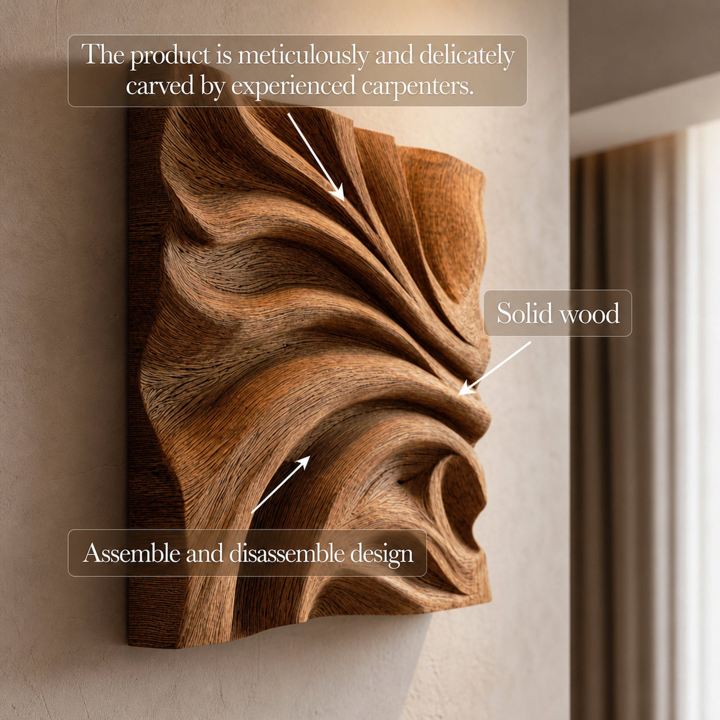Abstract Fold Carved Solid Wood Wall Art Modern Interior Decor - product view 4