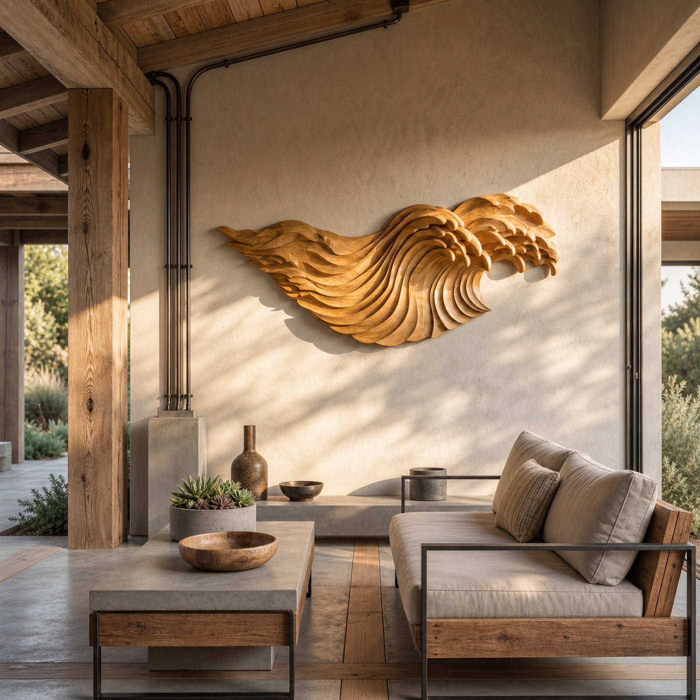 Abstract Ocean Wave Wooden Wall Art With Flowing Sculptural Design For Living Room And Bedroom - product view 5