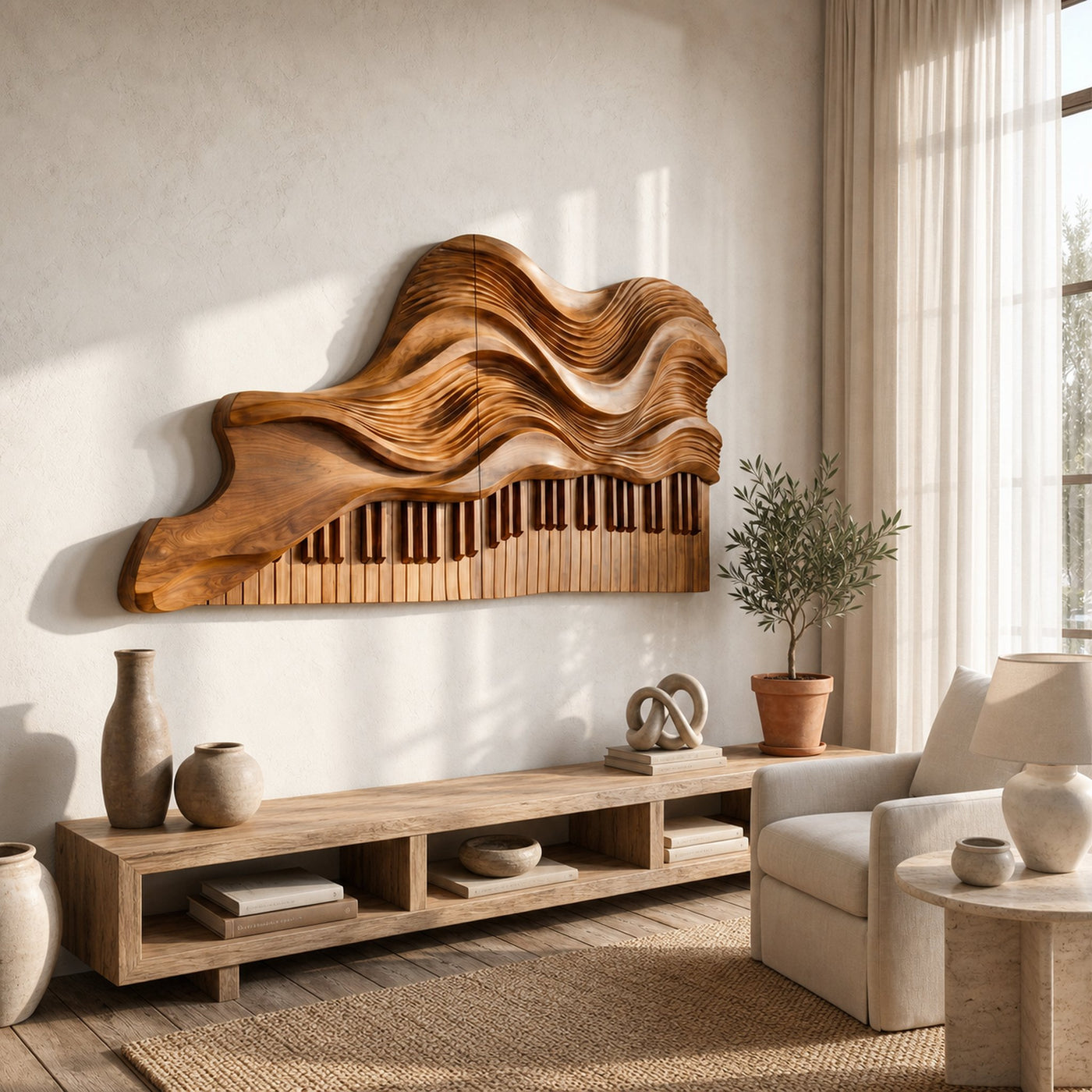 Abstract Piano Wave Wooden Wall Sculpture For Living Room
