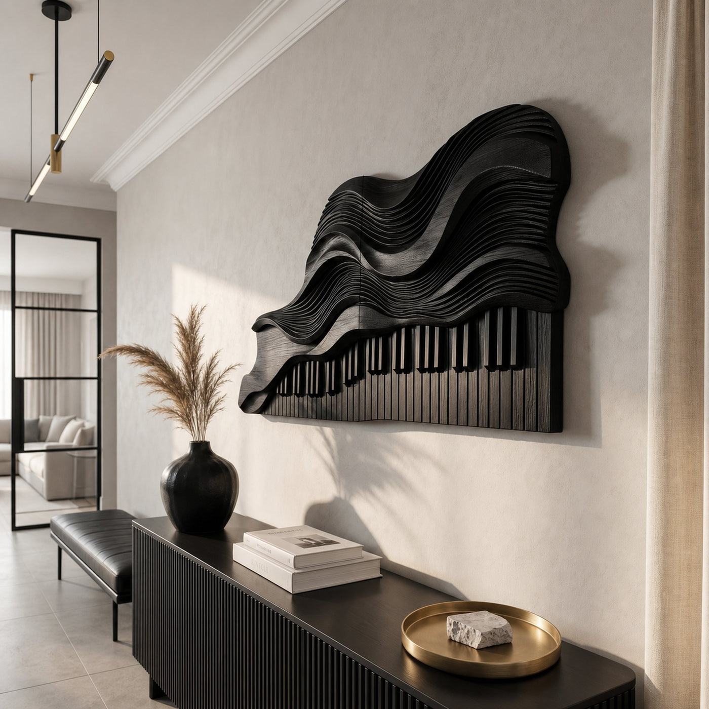 Abstract Piano Wave Wooden Wall Sculpture For Living Room - product view 4