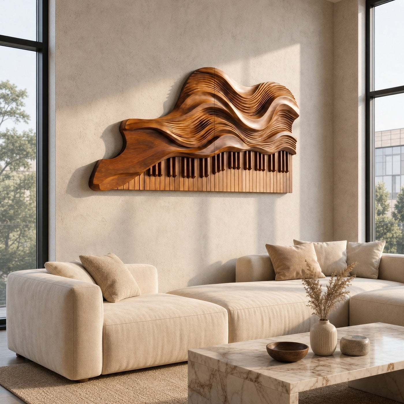 Abstract Piano Wave Wooden Wall Sculpture For Living Room - product view 6
