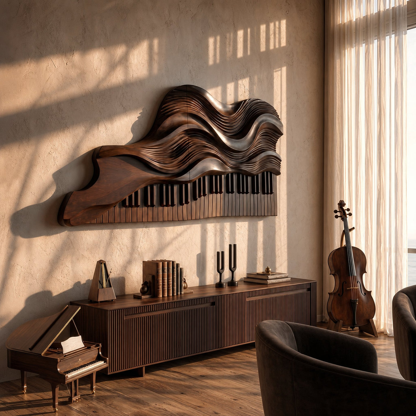 Abstract Piano Wave Wooden Wall Sculpture For Living Room - product view 7
