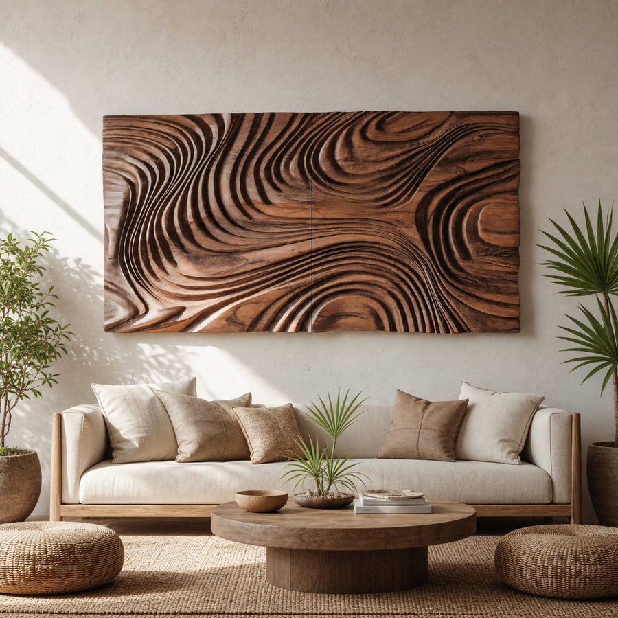 Abstract Sculptural Wood Wall Art With Carved Wave Patterns For Living Room Or Bedroom
