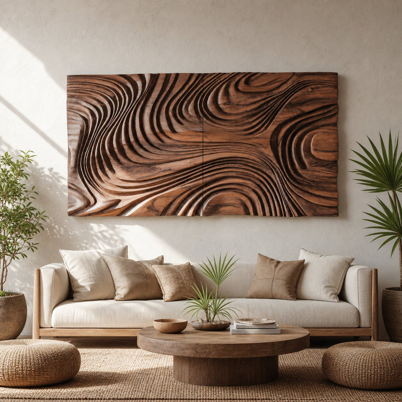 Abstract Sculptural Wood Wall Art With Carved Wave Patterns For Living Room Or Bedroom