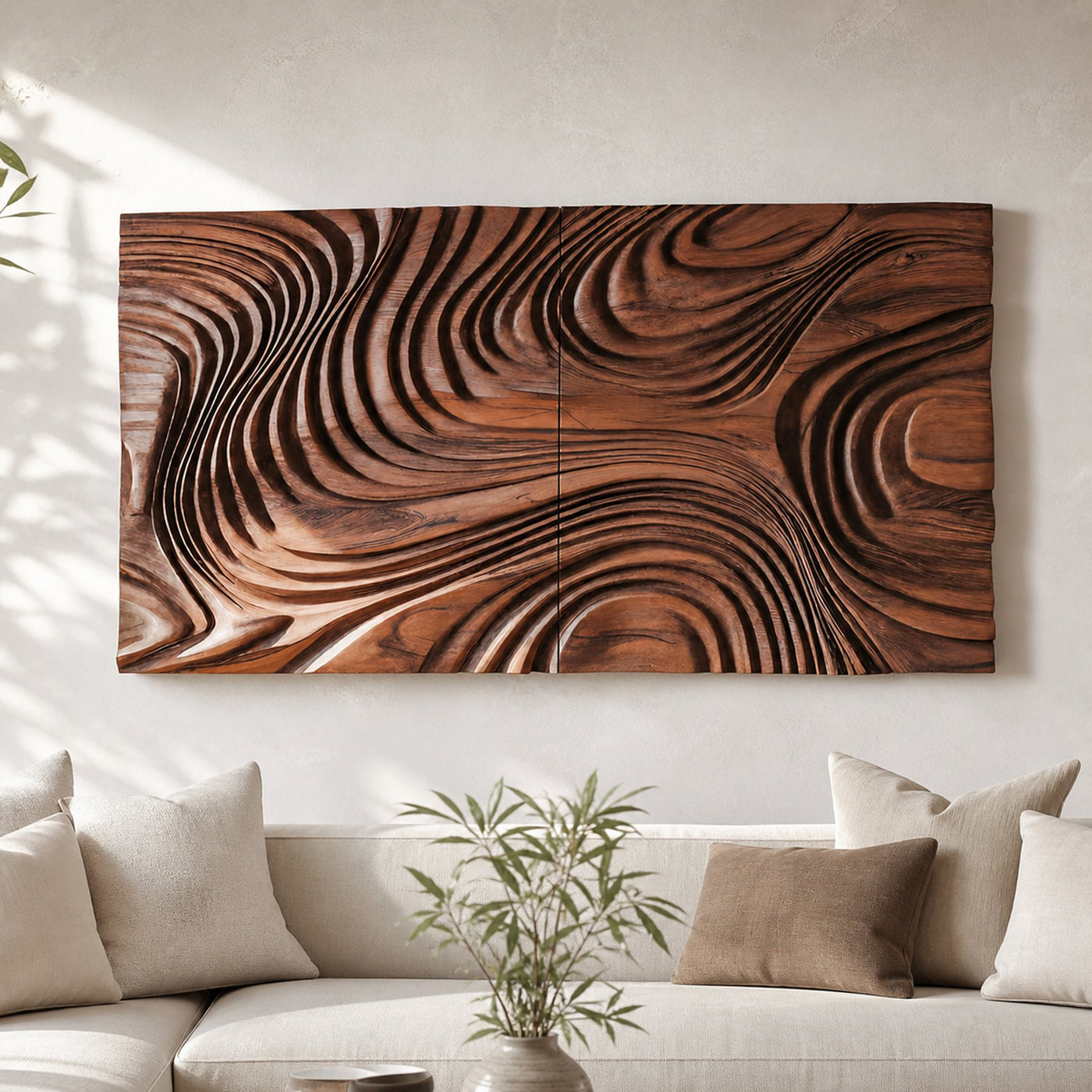 Abstract Sculptural Wood Wall Art With Carved Wave Patterns For Living Room Or Bedroom - product view 2