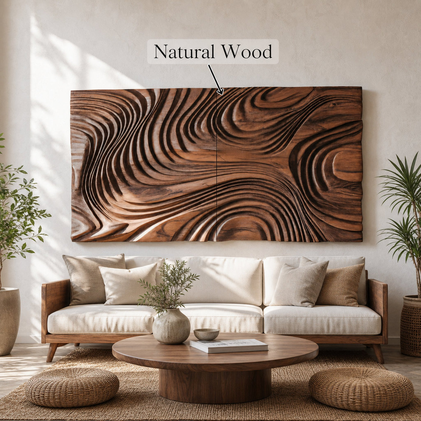Abstract Sculptural Wood Wall Art With Carved Wave Patterns For Living Room Or Bedroom - product view 5
