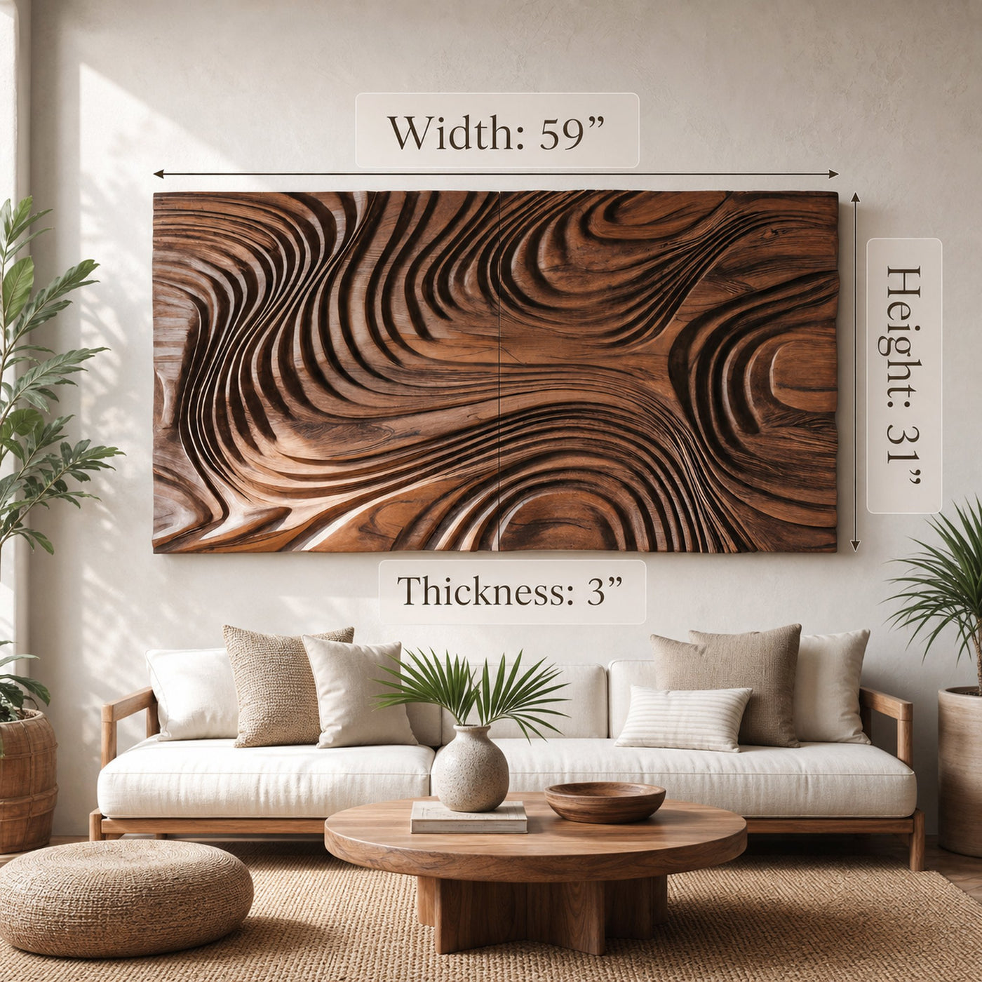 Abstract Sculptural Wood Wall Art With Carved Wave Patterns For Living Room Or Bedroom - product view 6