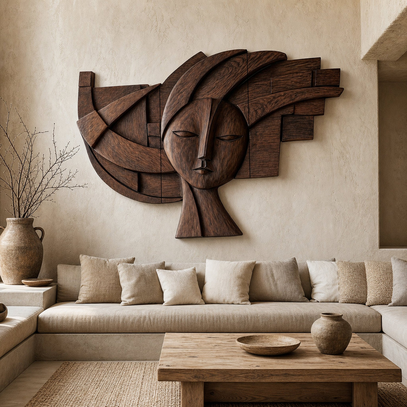 Abstract Tribal Face Wooden Wall Decor For Living Room