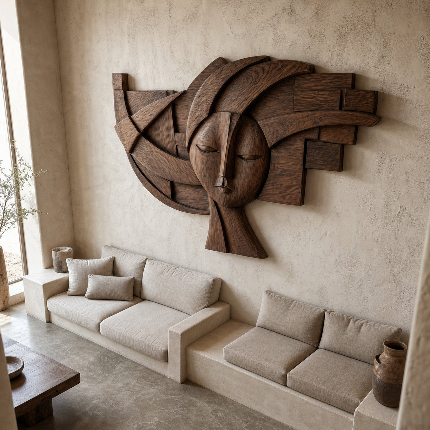 Abstract Tribal Face Wooden Wall Decor For Living Room - product view 2