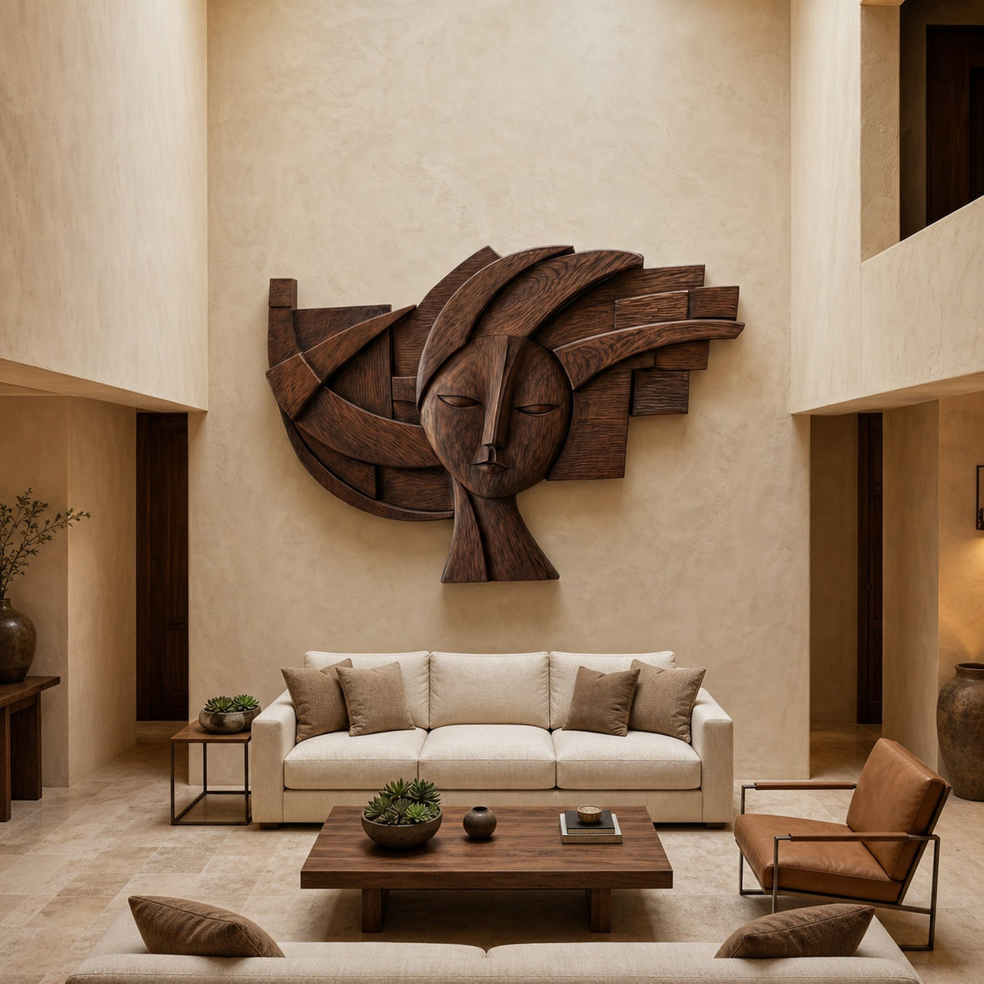 Abstract Tribal Face Wooden Wall Decor For Living Room - product view 3