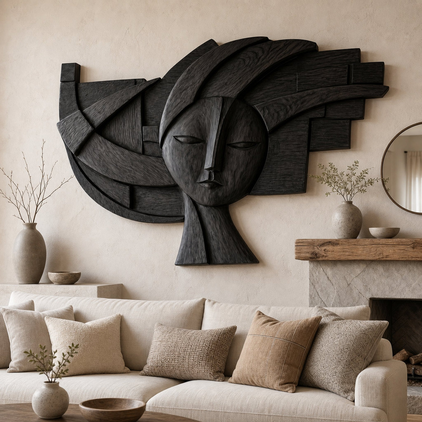 Abstract Tribal Face Wooden Wall Decor For Living Room - product view 4