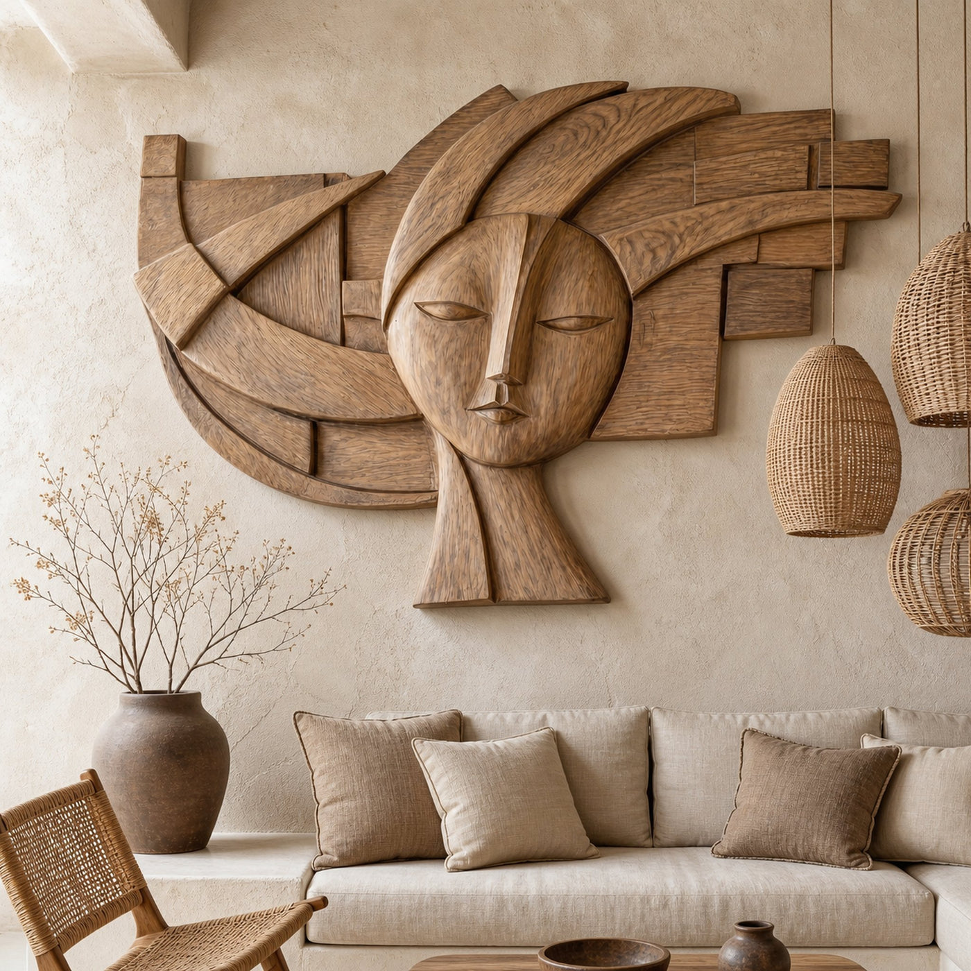 Abstract Tribal Face Wooden Wall Decor For Living Room - product view 5