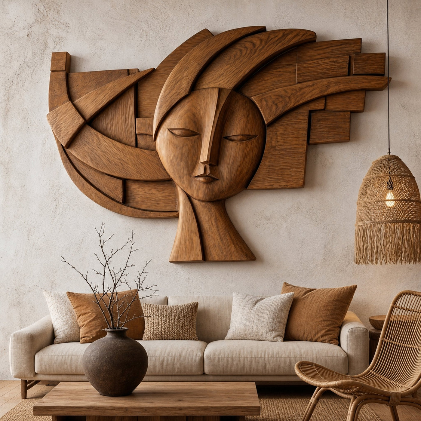 Abstract Tribal Face Wooden Wall Decor For Living Room - product view 6