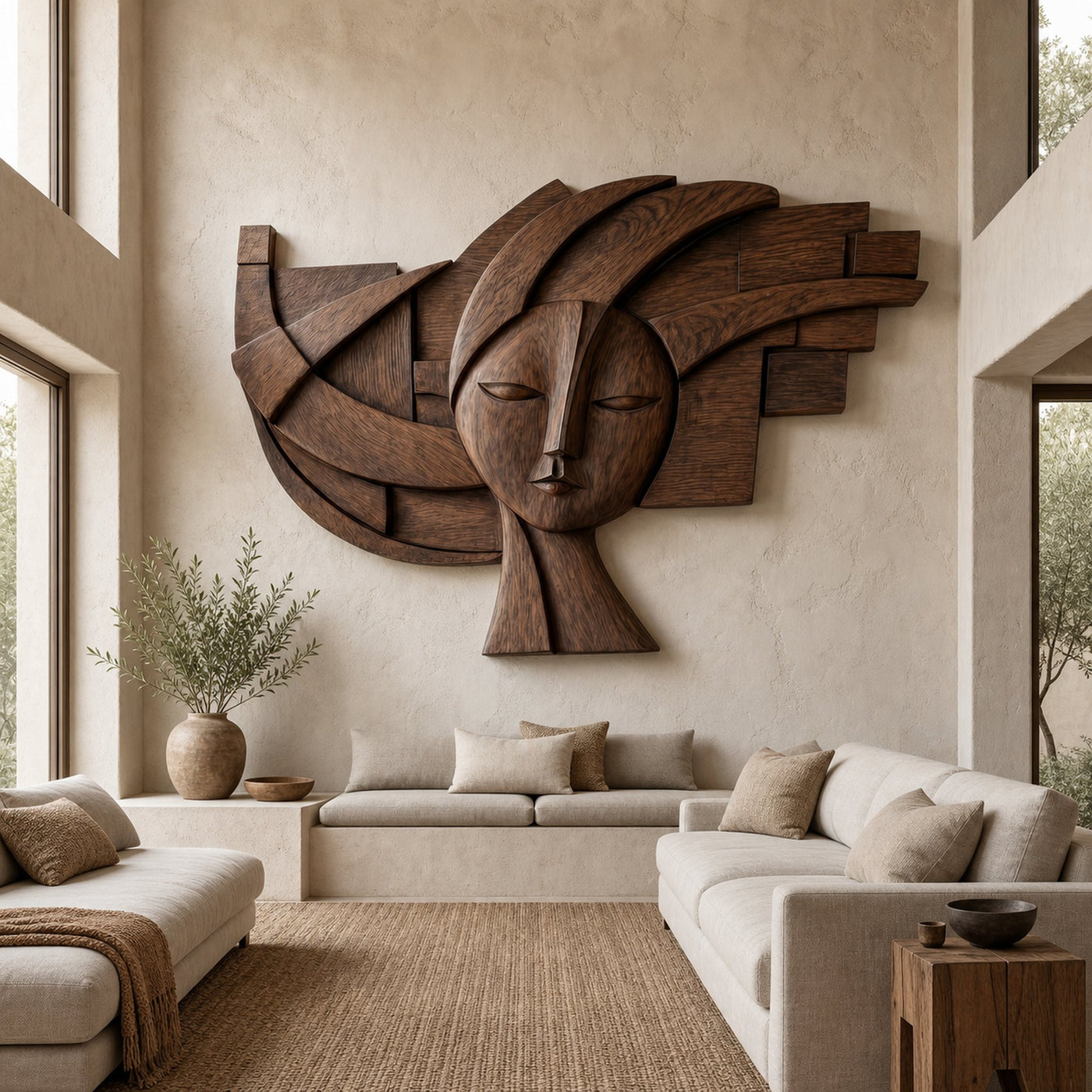 Abstract Tribal Face Wooden Wall Decor For Living Room - product view 7