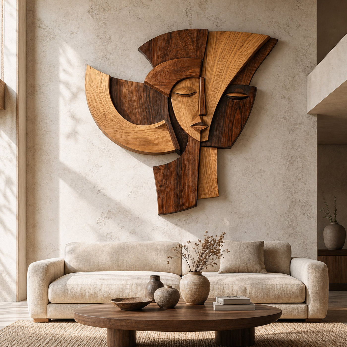 Abstract Wooden Face Wall Decor Panel For Living Room