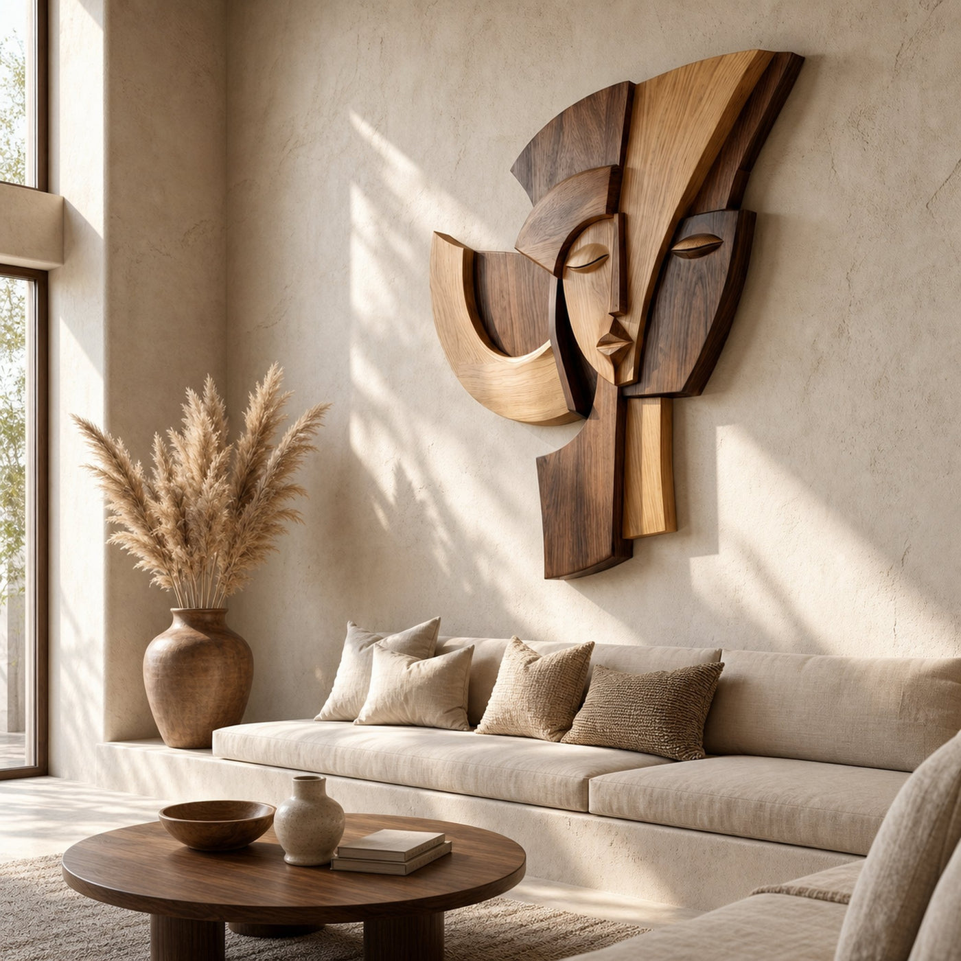 Abstract Wooden Face Wall Decor Panel For Living Room - product view 3