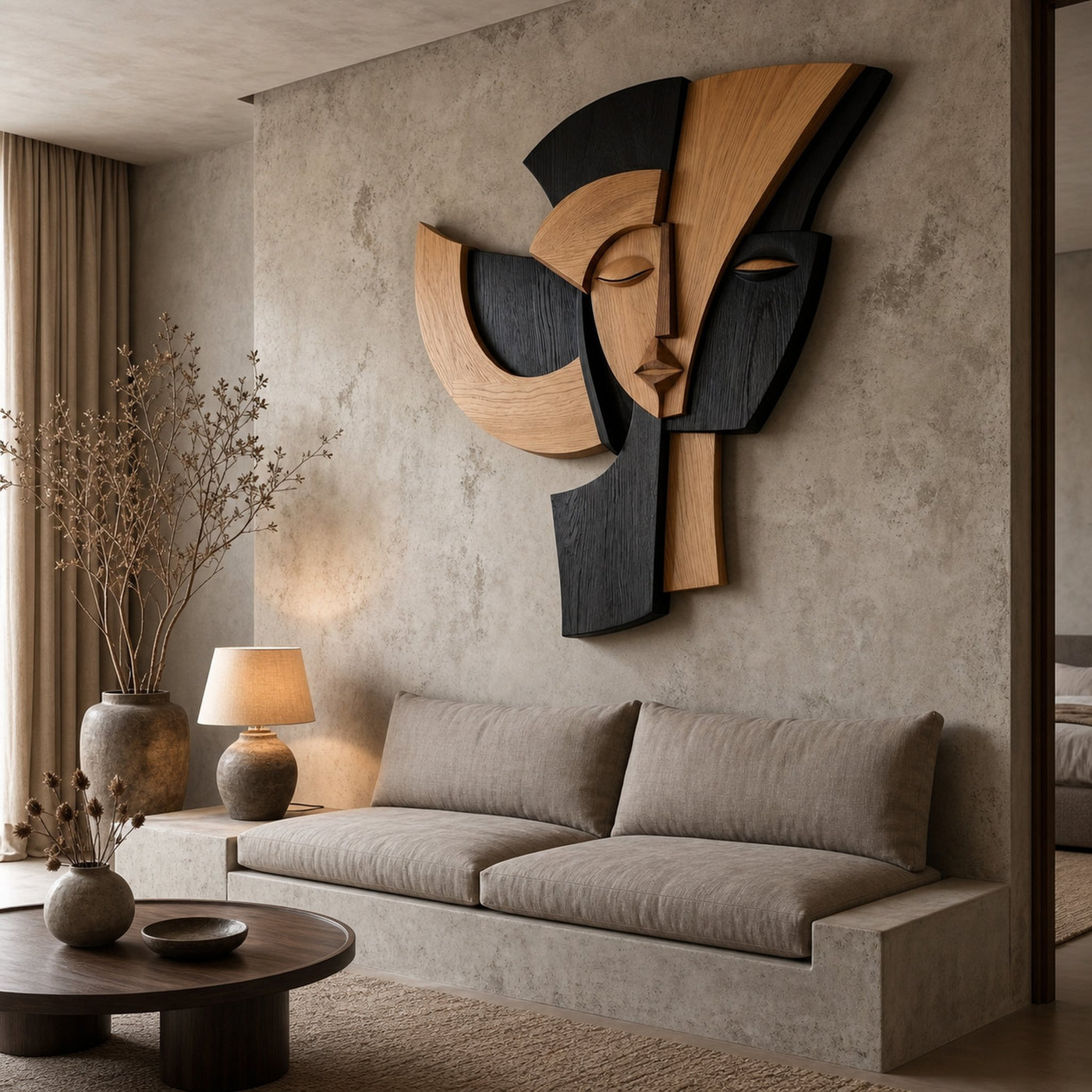 Abstract Wooden Face Wall Decor Panel For Living Room - product view 4