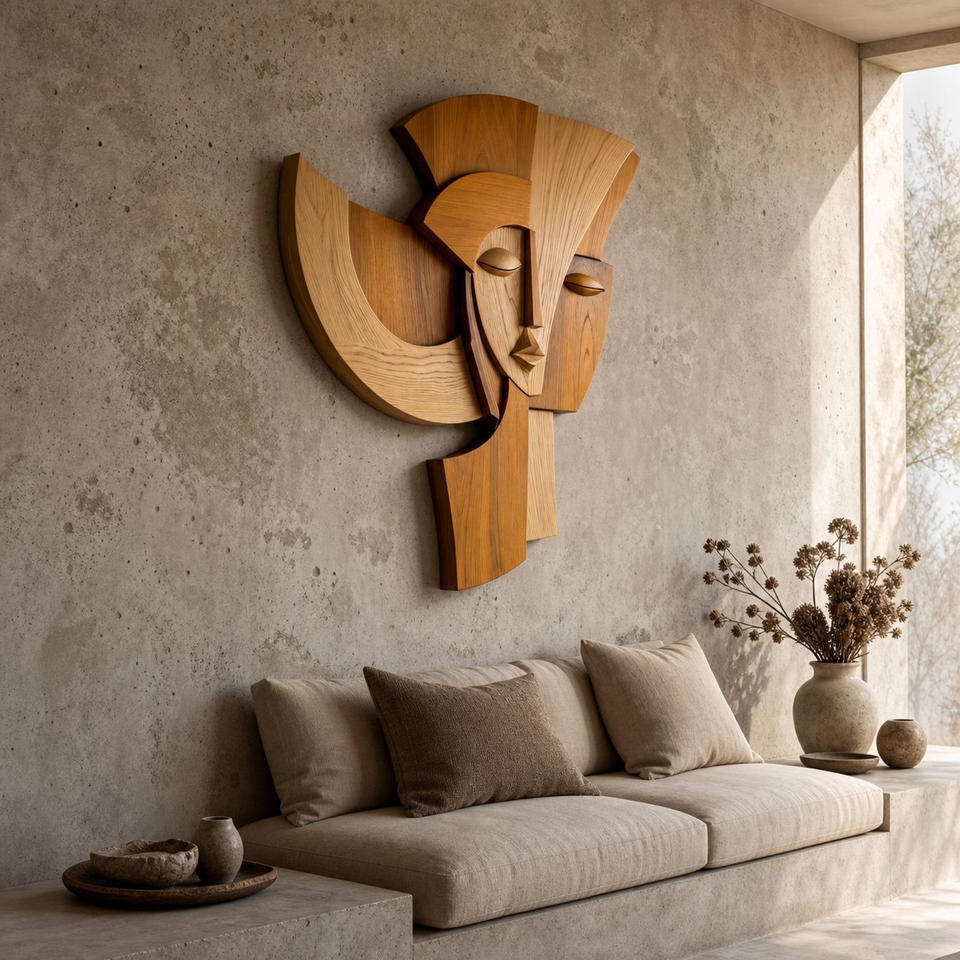 Abstract Wooden Face Wall Decor Panel For Living Room - product view 6