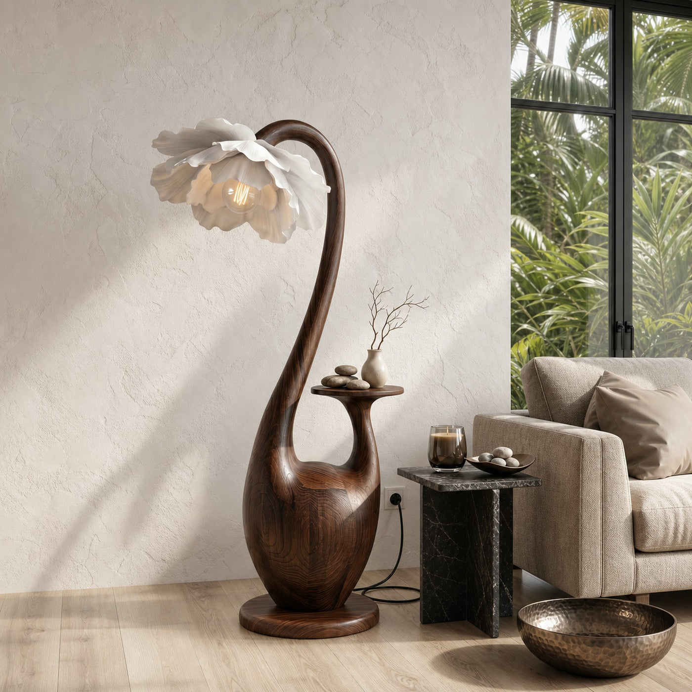 Artistic Floor Lamp With Sculptural Organic Base And Integrated Shelf For Reading Nook