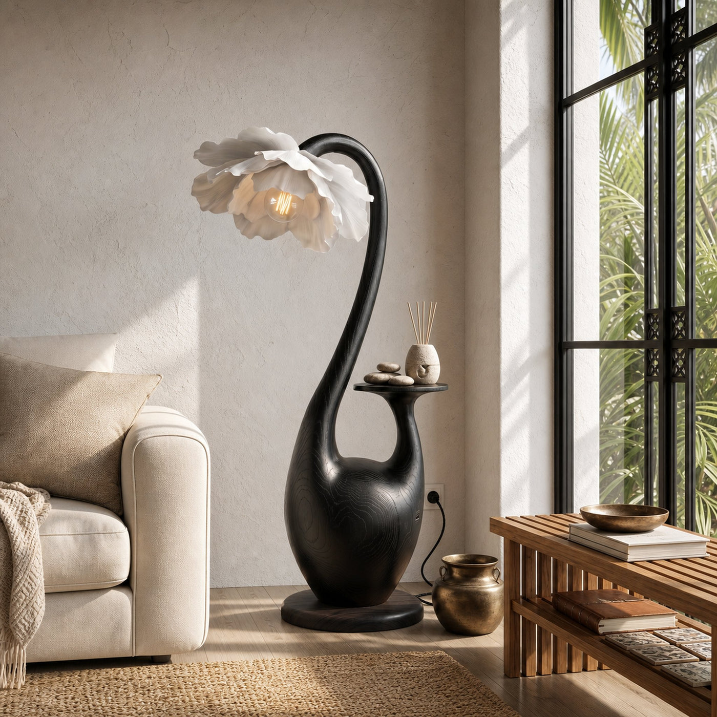 Artistic Floor Lamp With Sculptural Organic Base And Integrated Shelf For Reading Nook - product view 4