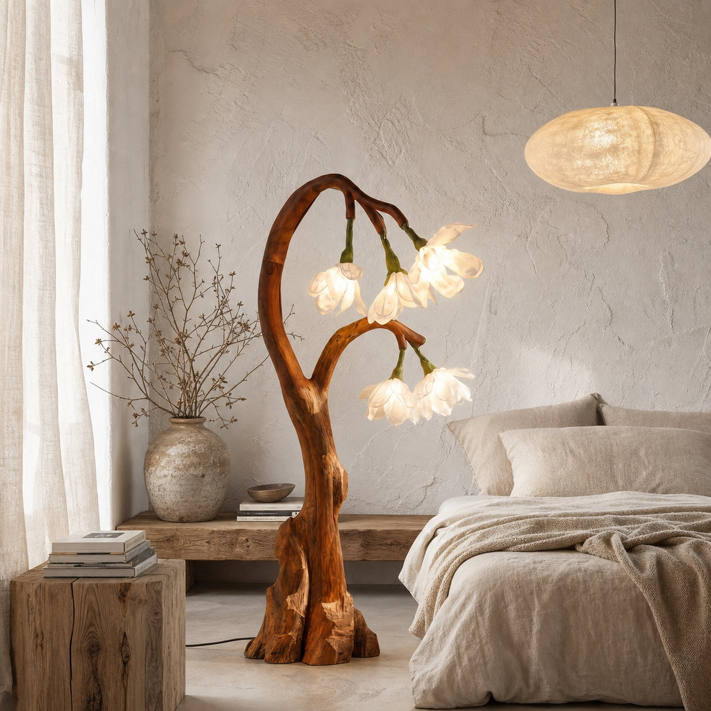 Artistic Floral Floor Lamp With Natural Wood Base For Living Room And Bedroom