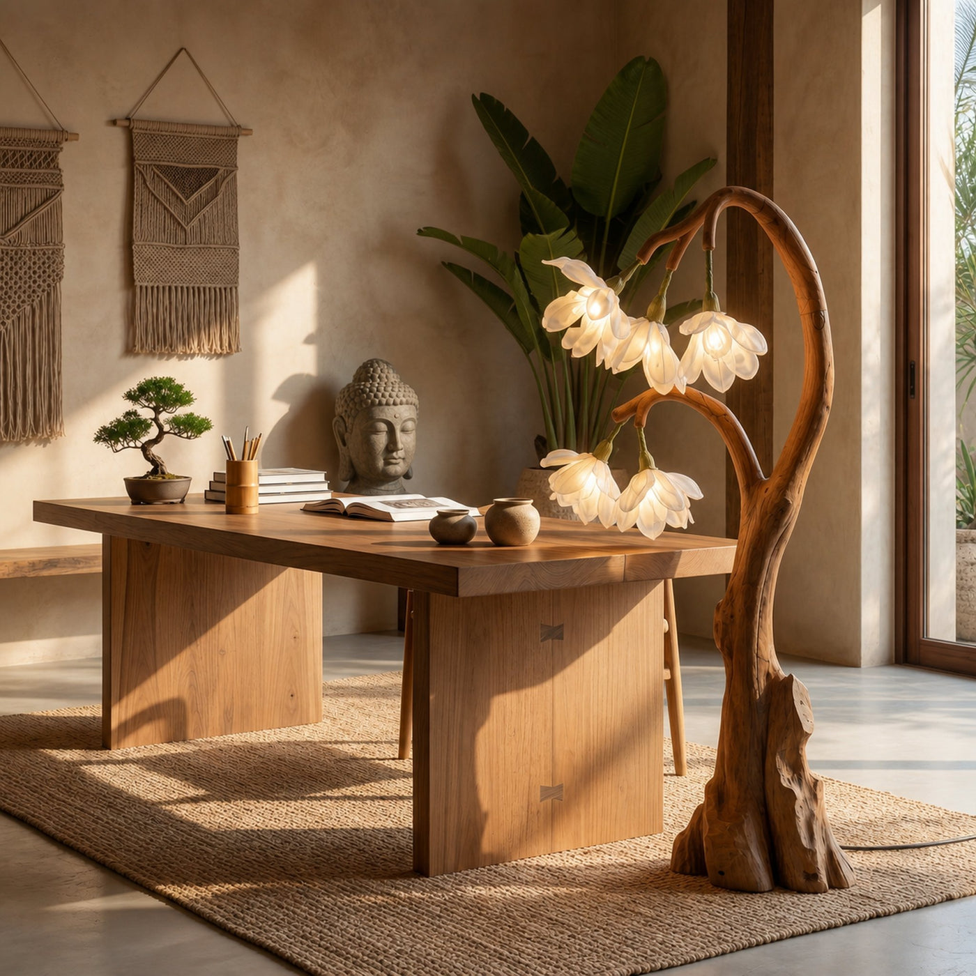 Artistic Floral Floor Lamp With Natural Wood Base For Living Room And Bedroom - product view 2