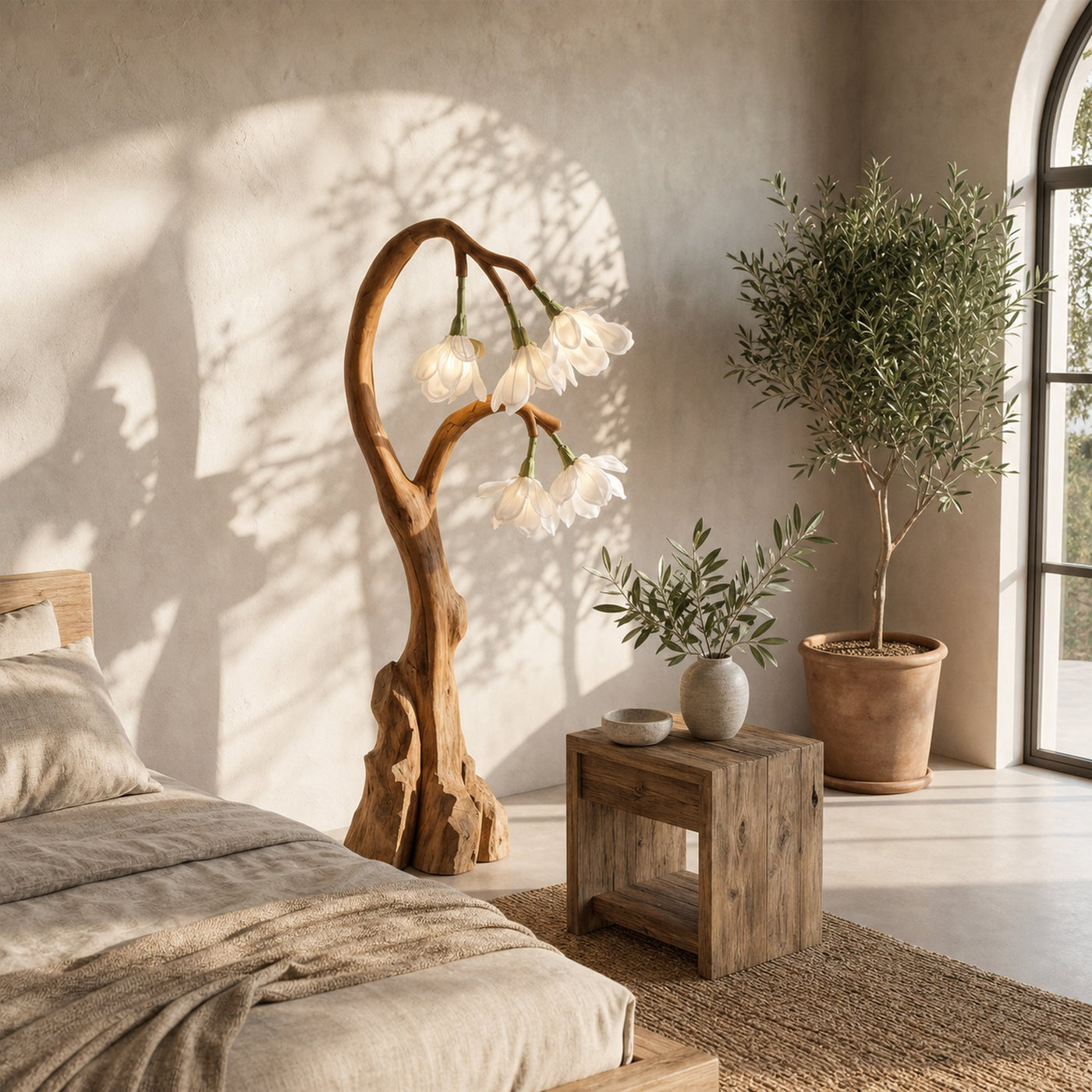 Artistic Floral Floor Lamp With Natural Wood Base For Living Room And Bedroom - product view 3