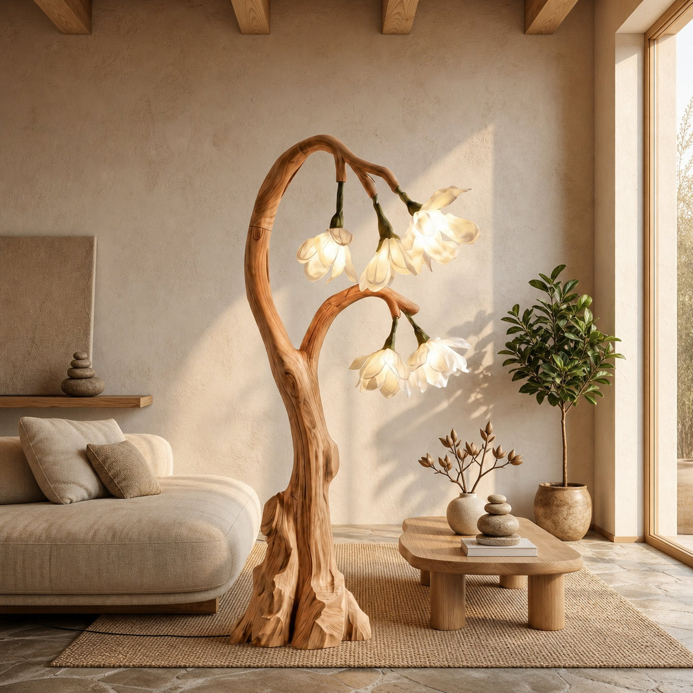 Artistic Floral Floor Lamp With Natural Wood Base For Living Room And Bedroom - product view 5