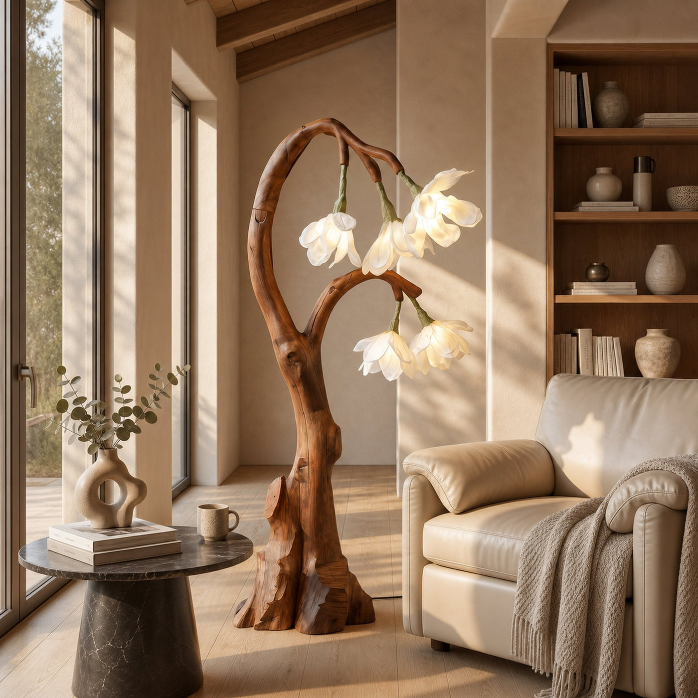 Artistic Floral Floor Lamp With Natural Wood Base For Living Room And Bedroom - product view 6