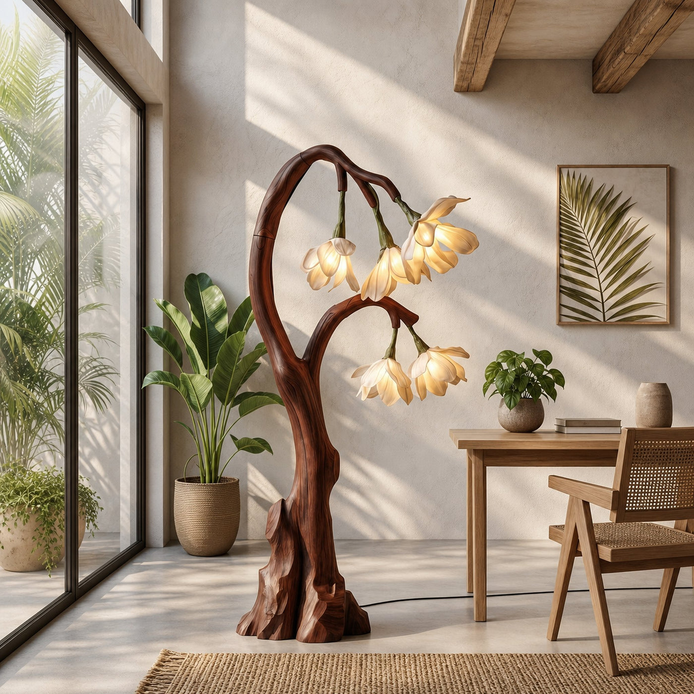 Artistic Floral Floor Lamp With Natural Wood Base For Living Room And Bedroom - product view 7