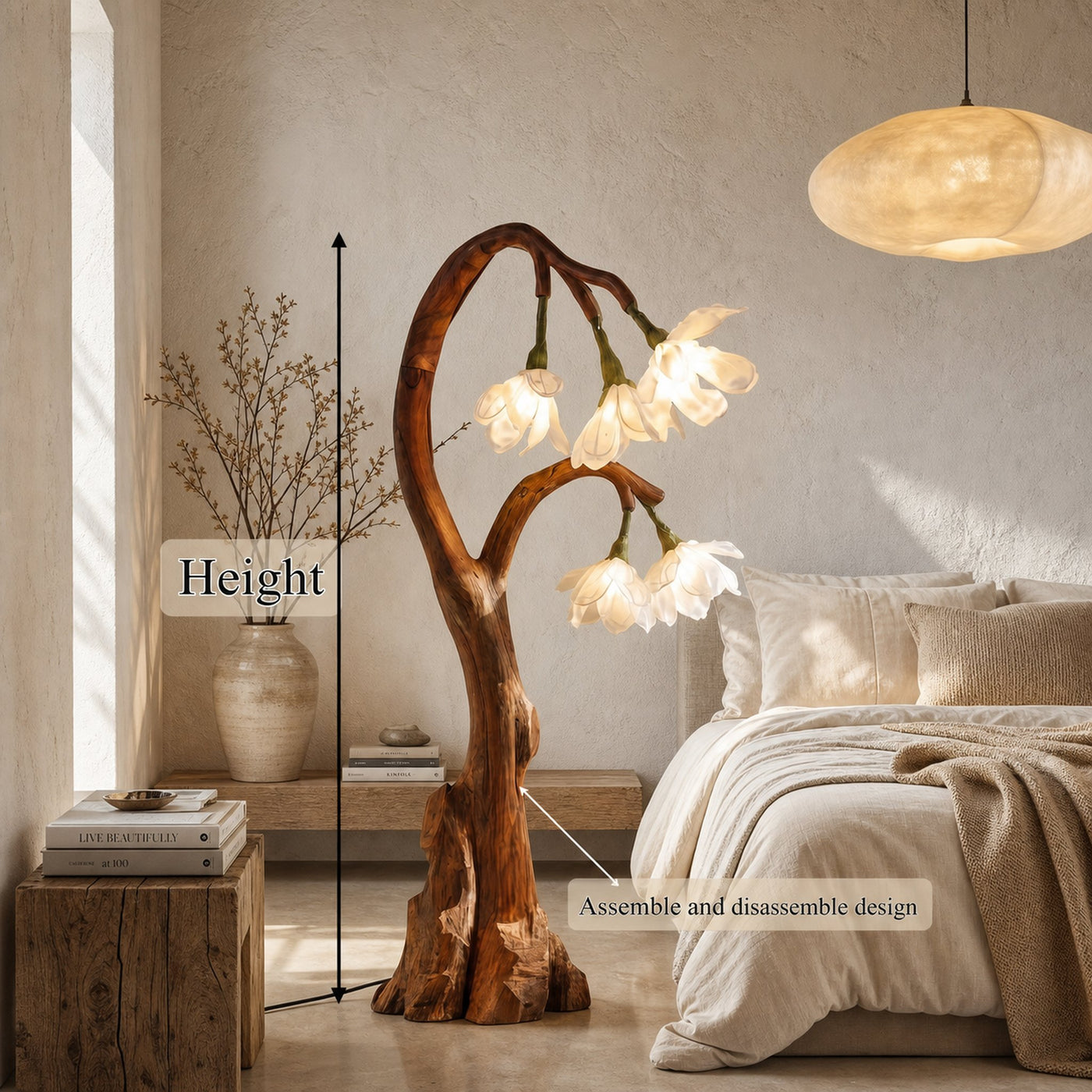 Artistic Floral Floor Lamp With Natural Wood Base For Living Room And Bedroom - product view 8